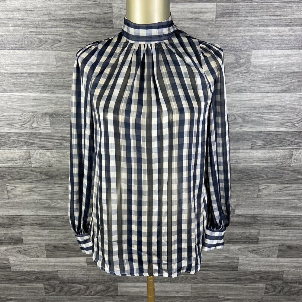 "NEW" H&M High Neck Black & White Check Long Sleeve Blouse Women's Size XS